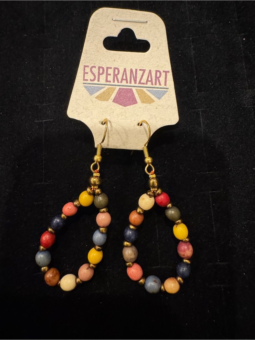 EsperanzArt Multicolor Beaded Dangle Earrings Gold Tone Ecuador Artisan